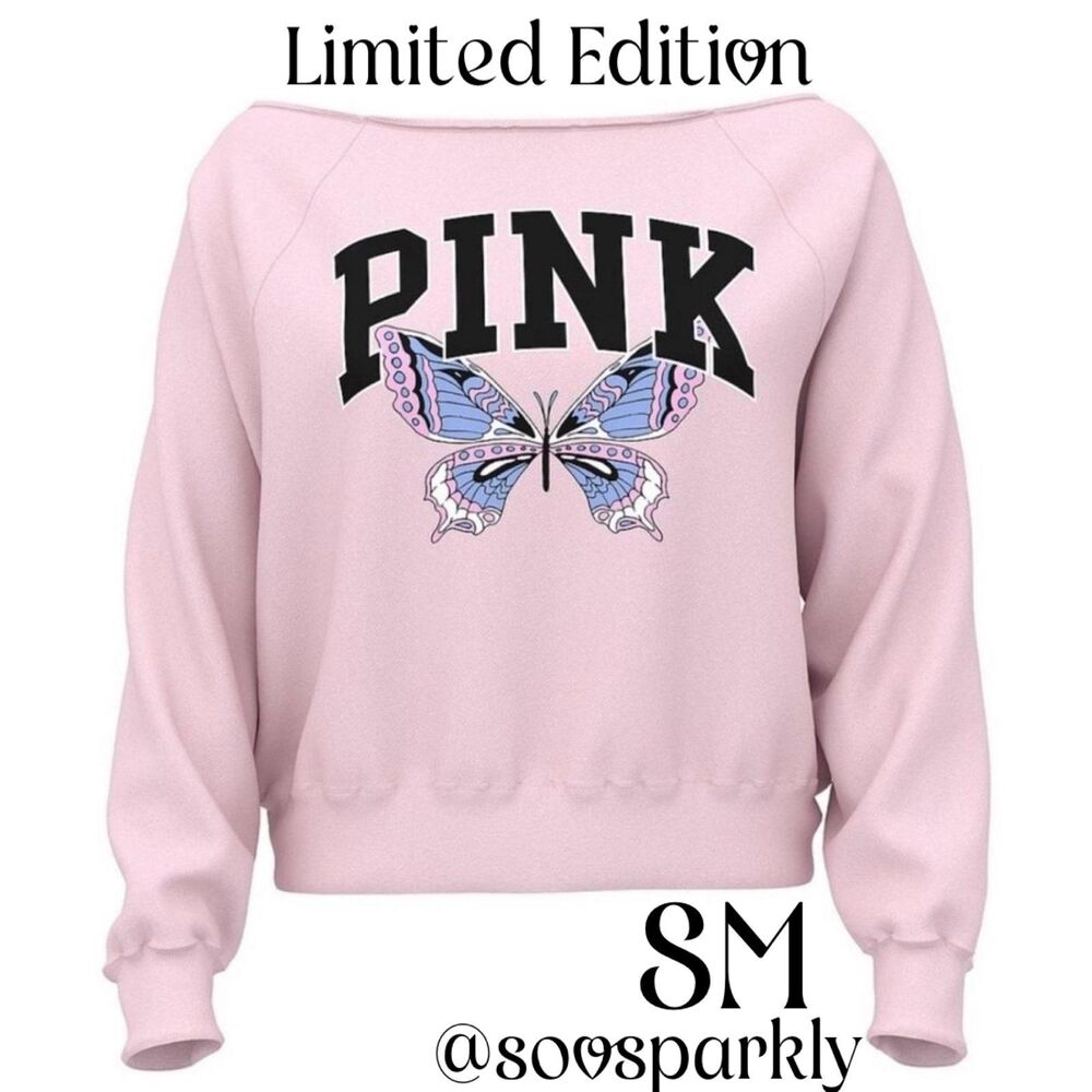 VS PINK Limited Edition Butterfly Off The Shoulder Ivy Fleece Sweatshirt SM